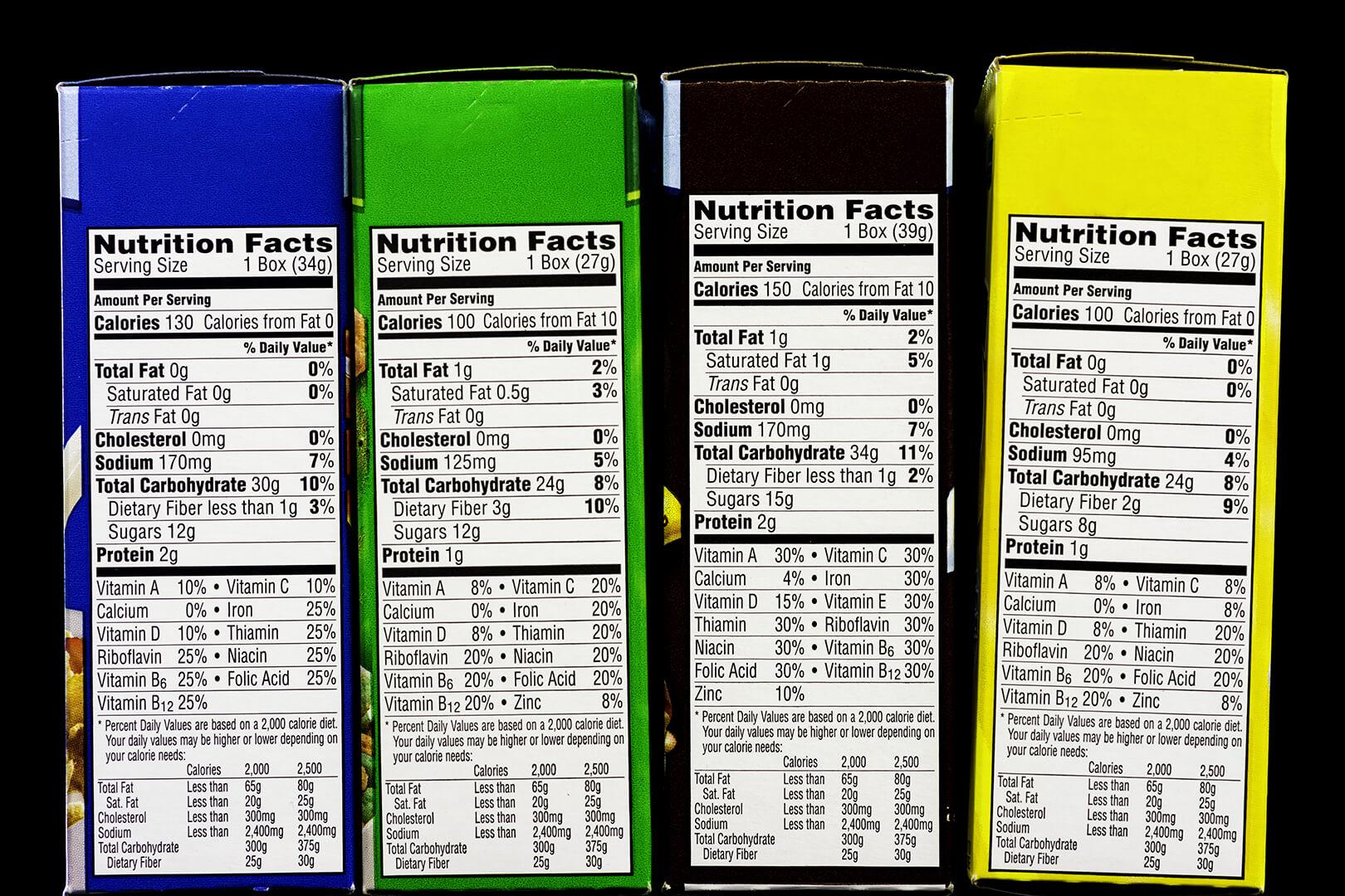 Nutrition panels on four cereal boxes; used in an article about fortified foods