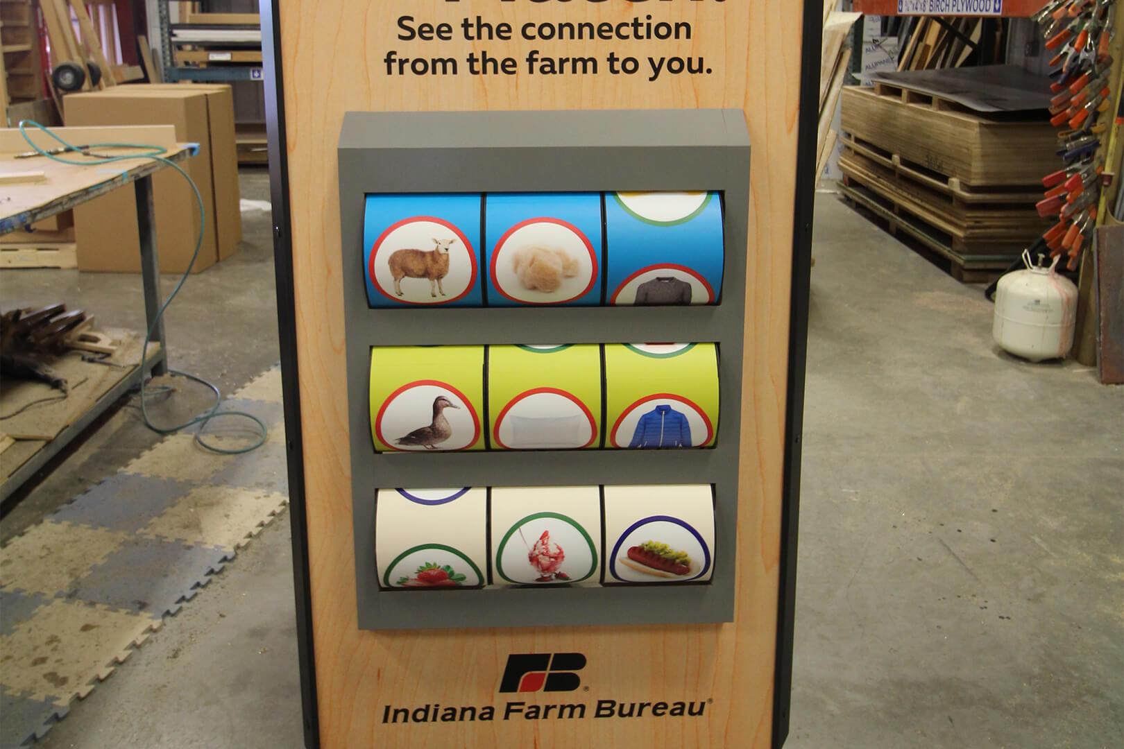 Closeup of Exhibit Farm's Make the Match display, designed to show the connections from farm to store