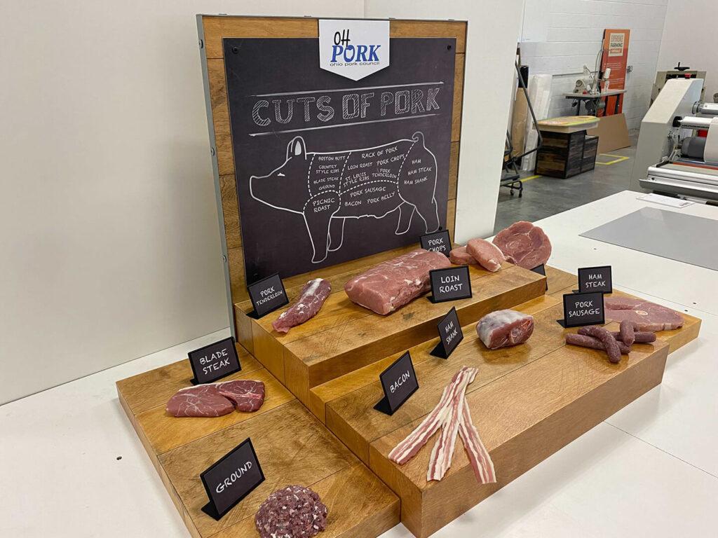 Side view of Ohio Pork's display of faux cuts of pork meat.
