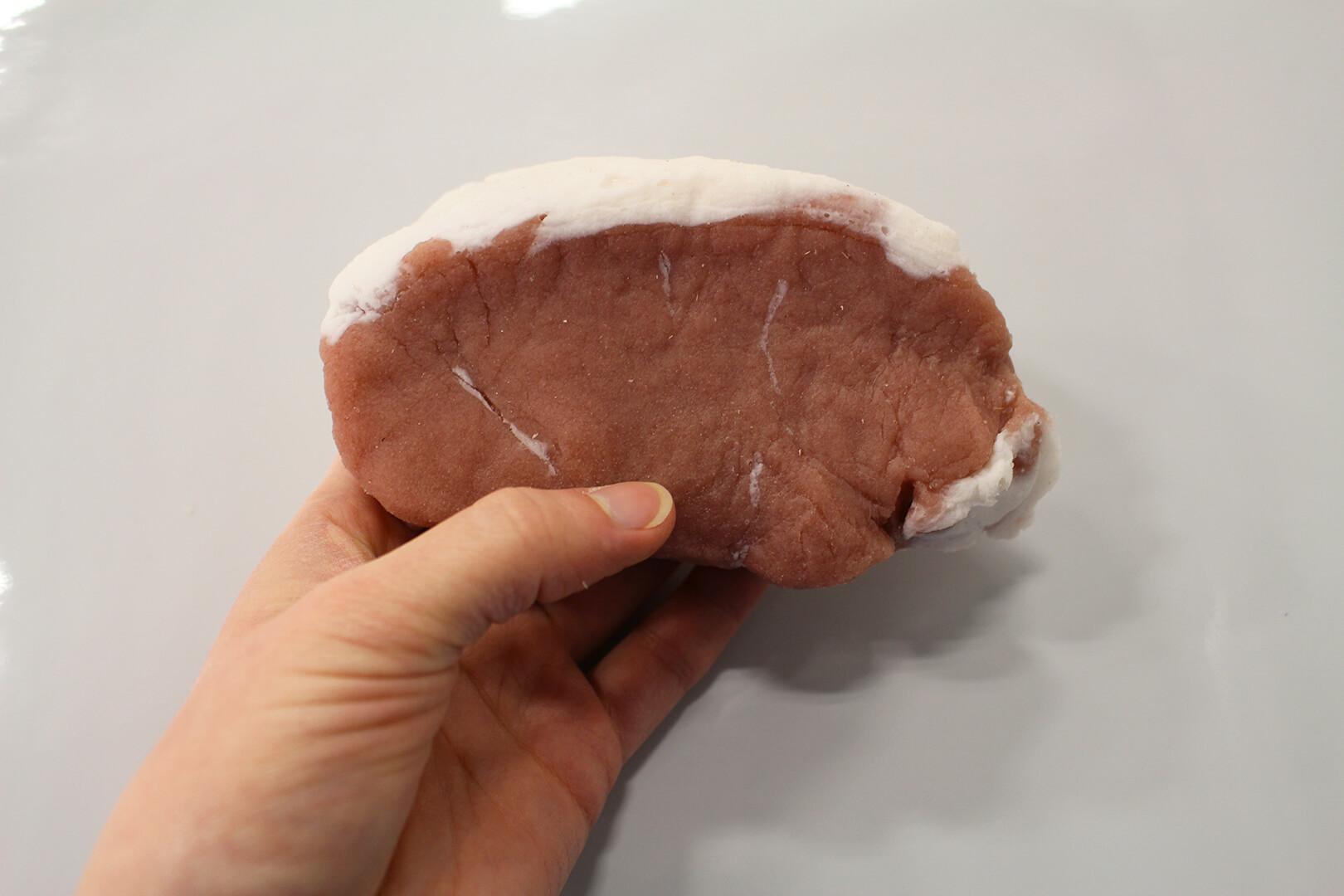 Hand holding an artificial pork chop