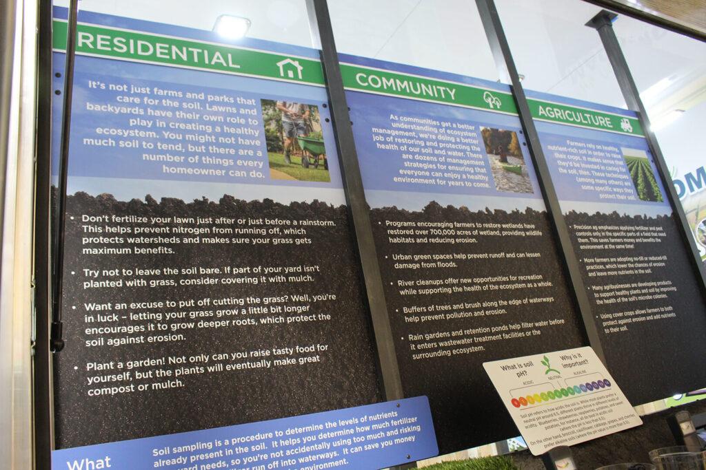 Three panels displaying facts about soil health