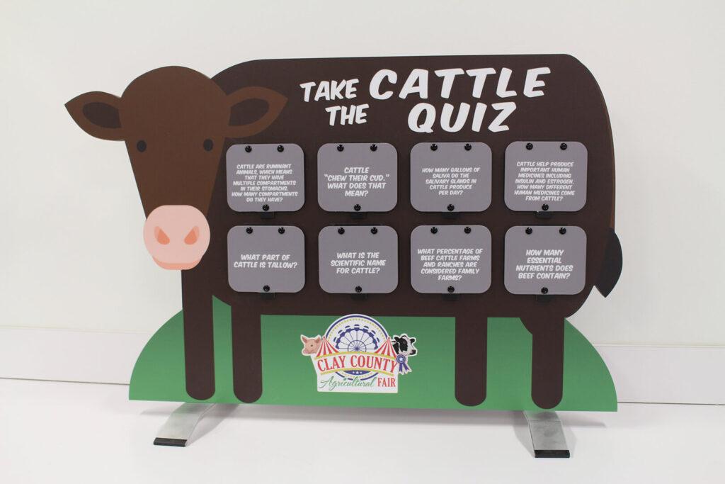 Tabletop beef cow display, showing graphics of brown cow and flip-up doors with trivia questions