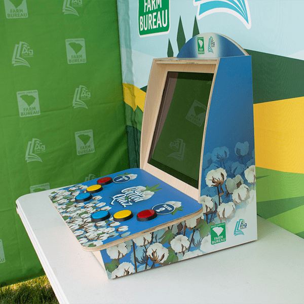 Side view of cotton trivia game on a table