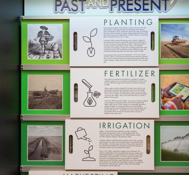 Series of info panels about how farming technology has changed from past to present.