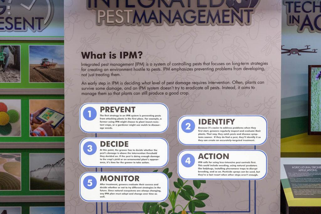 Closeup of the backlit panels on the IPM display. Headings read, "Prevent, Identify, Decide, Action, Monitor."