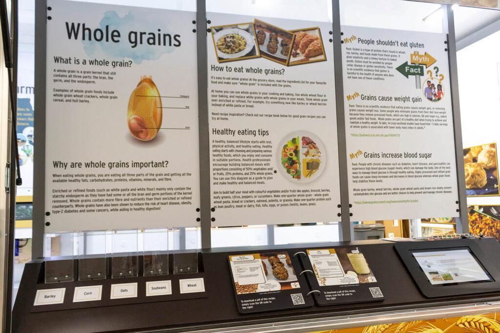 Info panels about whole grains' role in healthy diets.