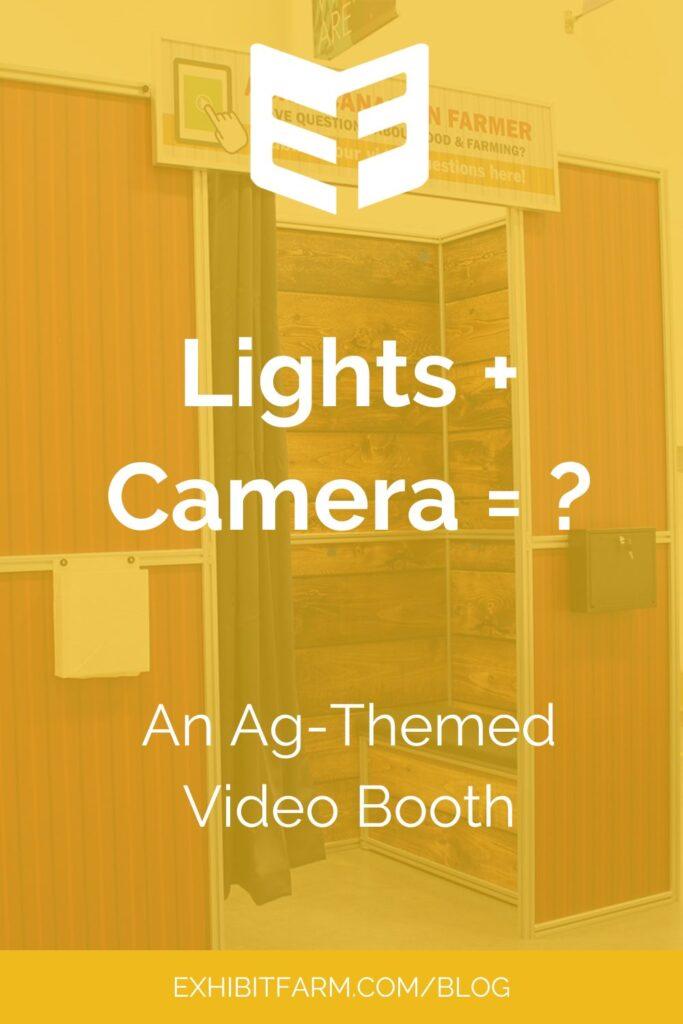Yellow graphic. Text reads, "Lights + Camera = ?  An Ag-Themed Video Booth."