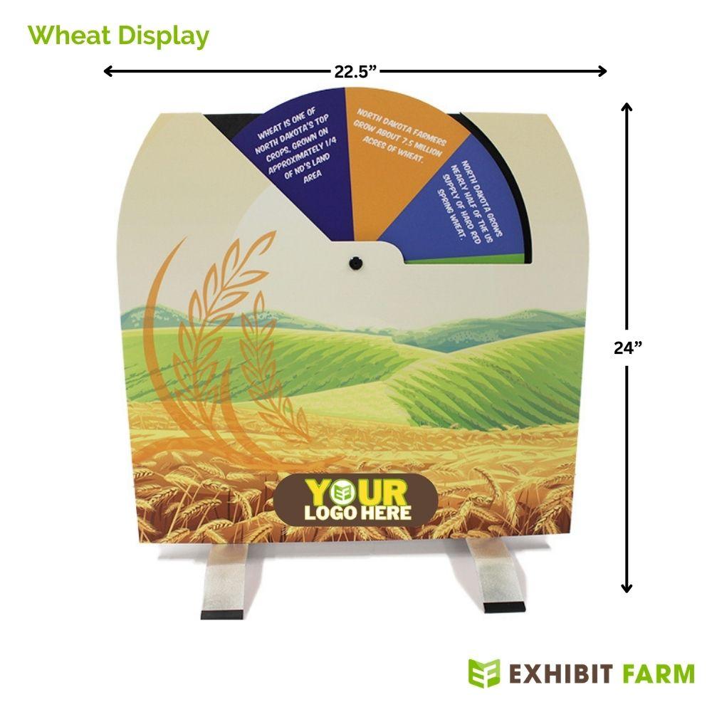 Tabletop display of a wheel with facts about wheat